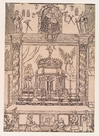 An altar, surmounted by a statue of the Virgin surrounded by votive offerings; in the foreground, sick or troubled people praying