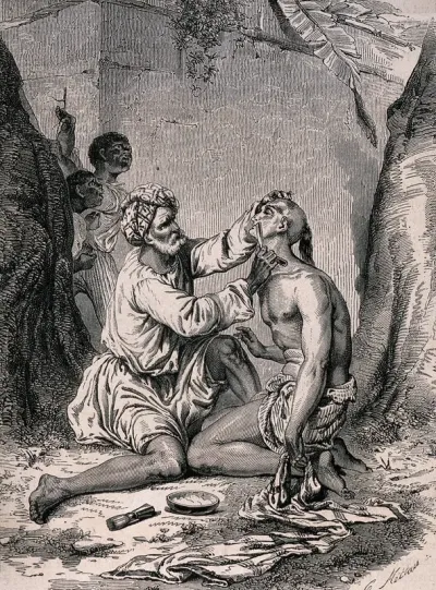 An amateur barber shaving a man outside