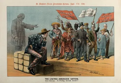 An American man is watching a procession that includes a German anarchist, a Russian nihilist, a Native American, an Englishman etc