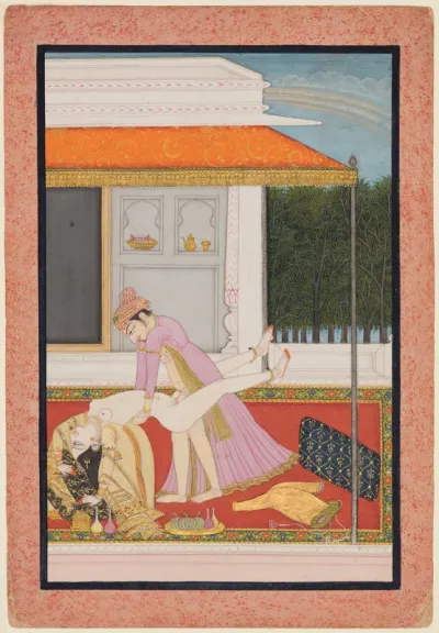 An amorous couple, probably Raja Mahendra Pal of Basohli with a favorite queen