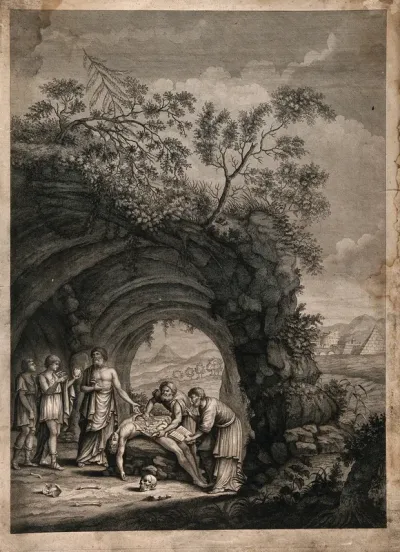 An anatomical dissection in the ancient world, in a landscape setting