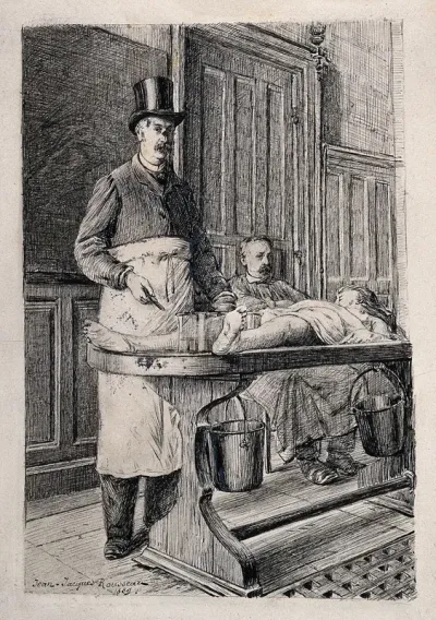 An anatomist, "Mr Le Professeur C...", dissecting a cadaver laid out on a trestle table, while a seated man looks on