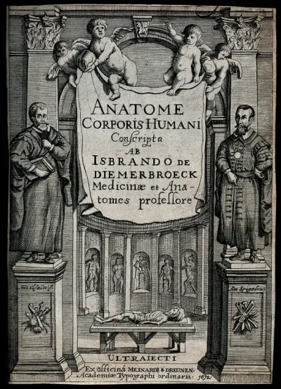 An anatomy theatre with statues of the anatomists Vesalius and Spigelius; a corpse on a table in the background