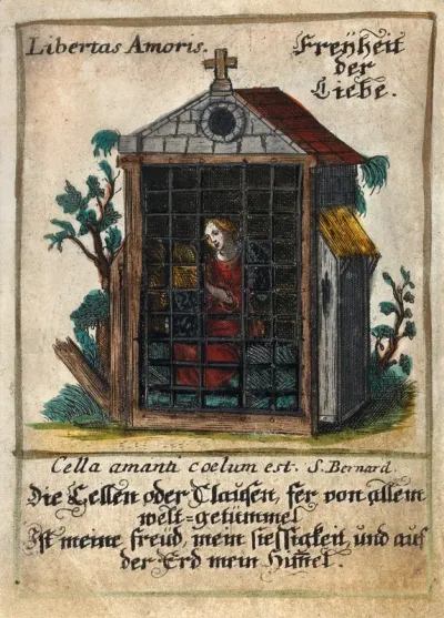An anchoress or nun of an enclosed order locked in her cell; representing the monastic cell as the heaven of the loving soul