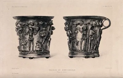 An ancient drinking cup from Boscoreale decorated with figures of Death in relief: frontal and side views of the same object