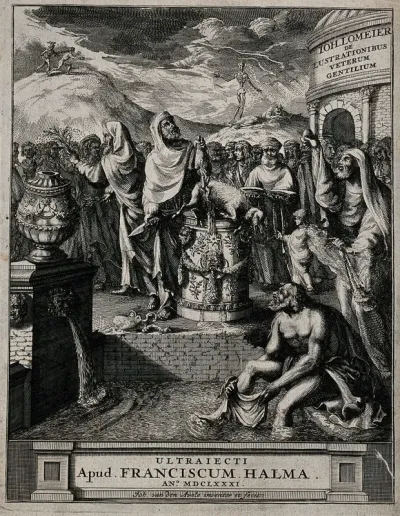 An ancient priest killing a lamb as a sacrifice amidst a crowd of people