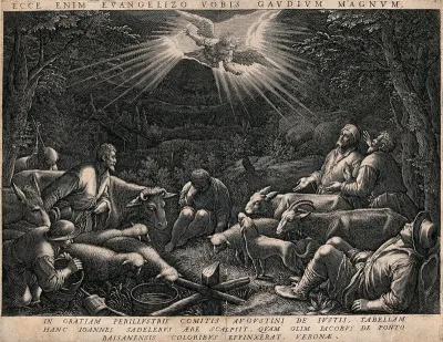 An angel appears to some shepherds in the night