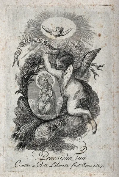 An angel carries the image of the Virgin of Succour of the sanctuary in the Borgo San Pietro at Bologna