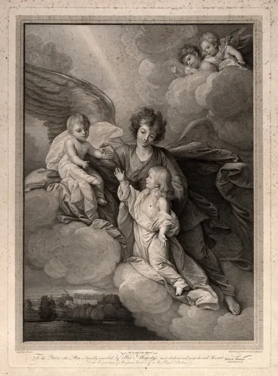 An angel conducting Prince Octavius to heaven on a cloud, where Prince Alfred greets him: Windsor Castle below
