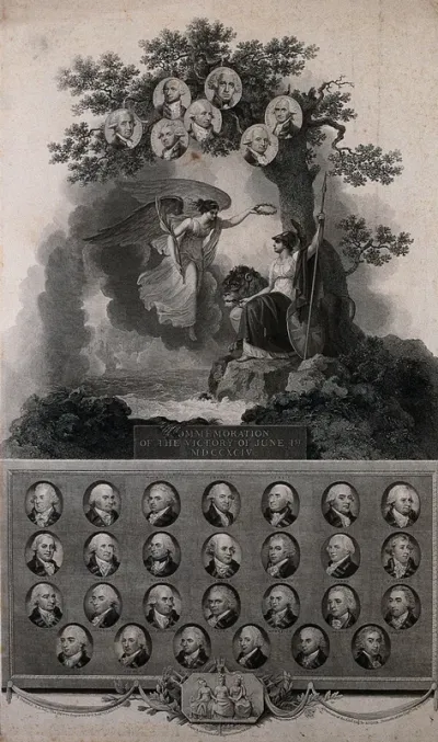 An angel crowns Britannia as a reward for defeating France in the naval battle in the eastern Atlantic on 1 June 1794
