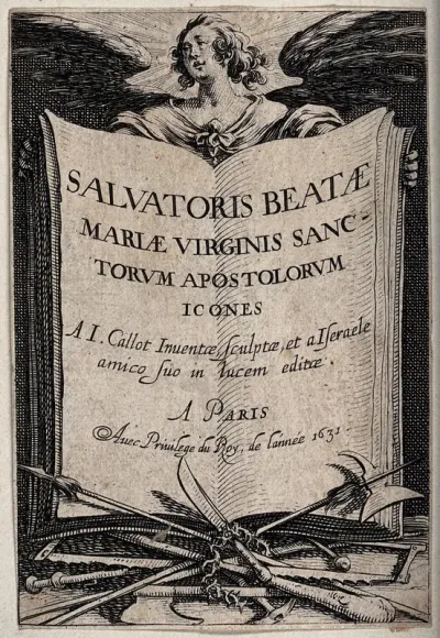 An angel holding an open book of pictures of the Virgin and the apostles; in front of it are Instruments of the Apostles' martyrdom