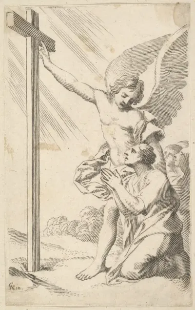An Angel Indicates a Cross to a Man Kneeling