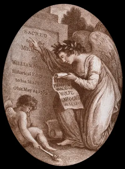 An angel reading the inscription on the tombstone of William Woollett