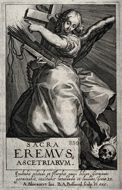 An angel with the instruments of the Passion and a burning skull