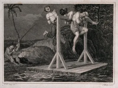 An angler pulls in a raft on which Russian pirates are tied to a gibbet with hooks piercing into their flesh