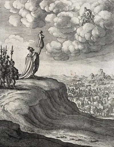 An ape with a robe and a crown, with a bodyguard of apes behind, stands on a hill holding up a small clothed ape before an assembly of animals below; illustration of a fable by J