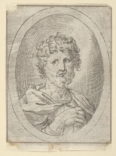 An apostle holding a closed book and looking to the left, in an oval frame, from "Christ, the Virgin, and Thirteen Apostles"