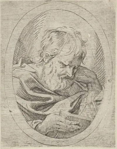 An apostle resting his head on his left hand and reading a book, in an oval frame, from "Christ, the Virgin, and Thirteen Apostles"