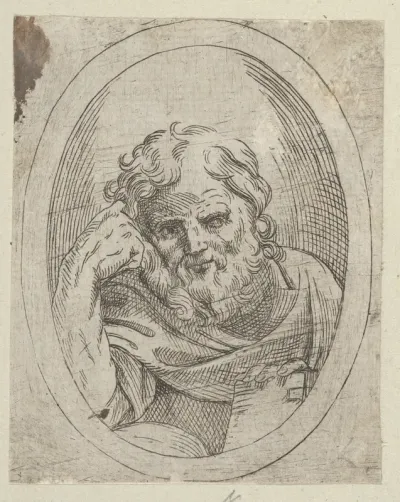 An apostle resting his head on his right hand and holding a book, in an oval frame, from "Christ, the Virgin, and Thirteen Apostles"