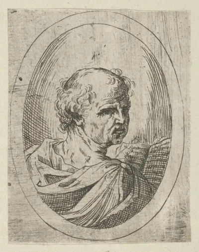 An apostle seen from behind and turning to the right, holding an open book, in an oval frame, from "Christ, the Virgin, and Thirteen Apostles"