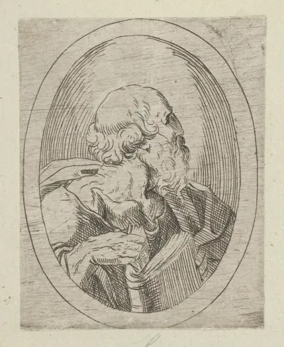 An apostle seen in profile facing right, holding an open book, in an oval frame, from "Christ, the Virgin, and Thirteen Apostles"