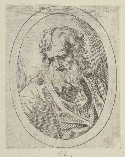 An apostle with a long beard looking down at an open book, in an oval frame, from "Christ, the Virgin, and Thirteen Apostles"
