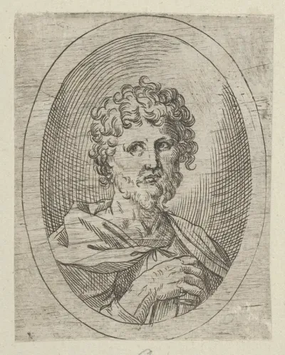 An apostle with a short beard holding a closed book, from "Christ, the Virgin, and Thirteen Apostles"