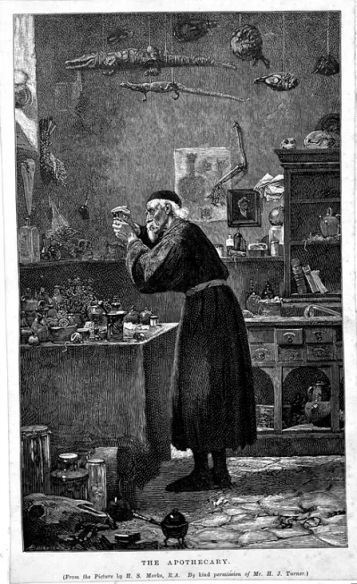 An apothecary mixing a concoction in his working room surrounded by the paraphernalia of his profession
