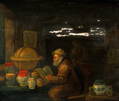 An apothecary. Oil painting ascribed to Egbert van Heemskerck