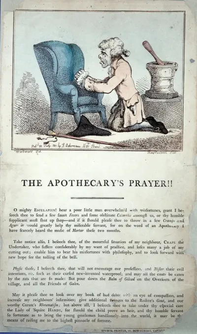 An apothecary praying for a host of illnesses to descend on his customers so that he can make more money