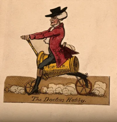 An apothecary riding a velocipede (bicycle) in the form of a pestle and mortar