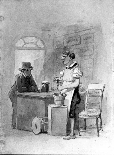 An apothecary's apprentice in a shop mixing up a prescription in a pestle and mortar for a customer