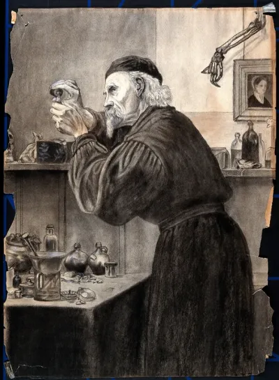 An apothecary wearing a gown and skull cap, pouring fluid from a bottle