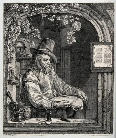 An apothecary with pharmaceutical equipment seated in an arched window