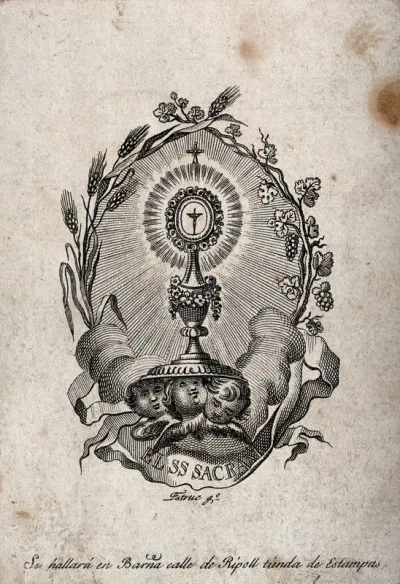 An apparition of the holy sacrament in a monstrance carried by Seraphim