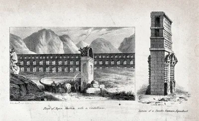 An aqueduct: in the foreground a fountain; to the right a section of a double Roman aqueduct