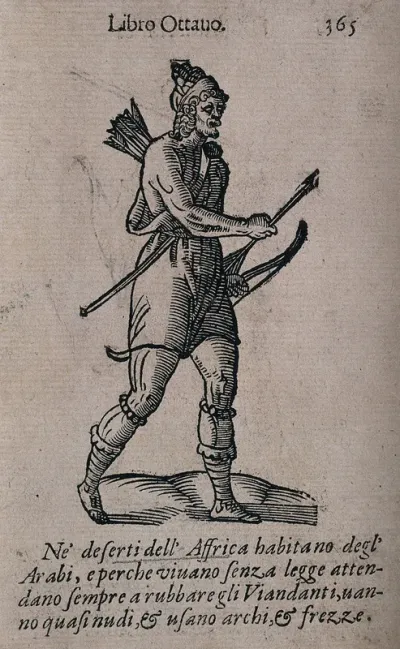 An Arab man in North Africa carrying a bow in his hand and he has a quiver of arrows on his back