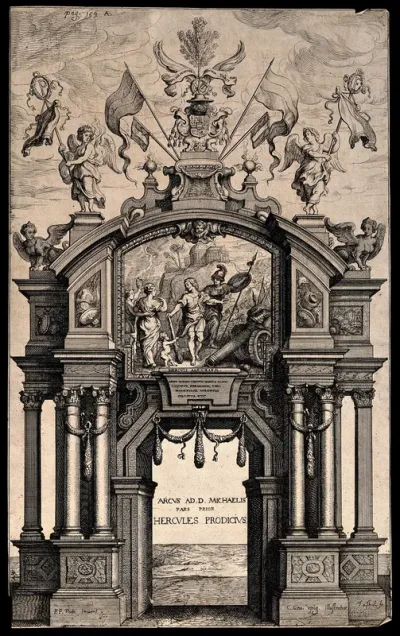 An arch decorated with a panel representing Ferdinand of Spain as Hercules choosing duty over pleasure