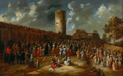 An archery competition outside the walls of a town