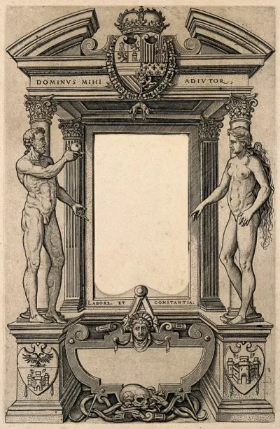 An architectural loggia of Corinthian columns and pilasters with Adam and Eve