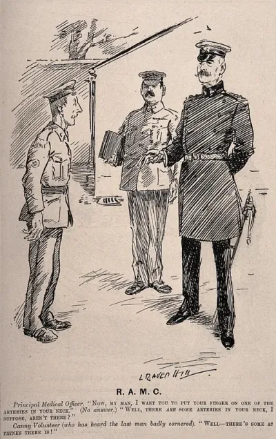 An army medical officer trying to find out from an ignorant soldier if he knows where his arteries are
