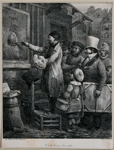 An artist before a crowd painting a shop sign
