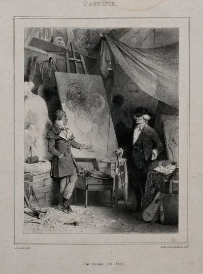 An artist discussing a painting with a client; the client is an older man with an irate expression