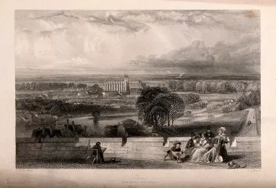 An artist drawing a panoramic view of Eton College from Windsor Castle terrace, Berkshire