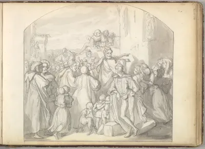An Artist Drawing on Wall of a Church Watched by a Crowd