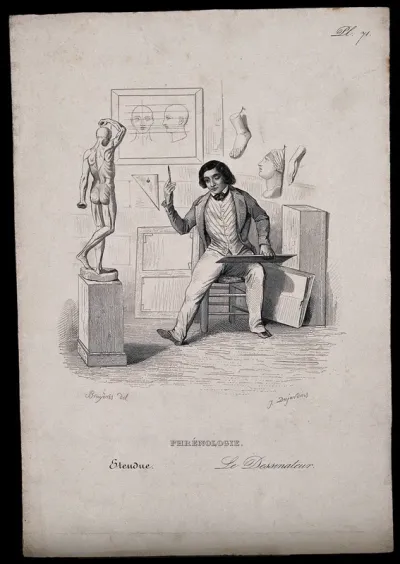 An artist measures a model of the human body from a distance with one eye shut; representing the faculty of perception in extended space in phrenological classification