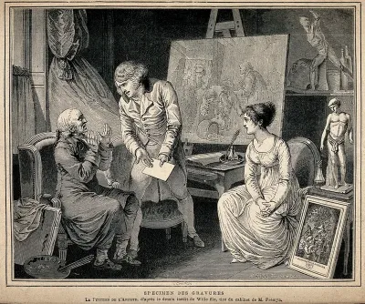 An artist petitioning an elderly client while a young seated woman looks on
