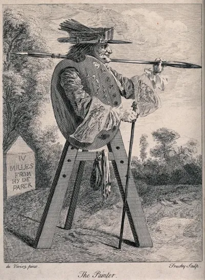 An artist's easel with the figure of a man holding a large paint brush