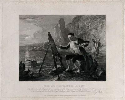An artist seated on a rock at the sea shore and oblivious to the rising tide