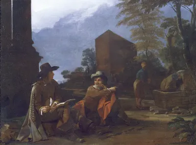 An artist sketching by a fountain with other figures